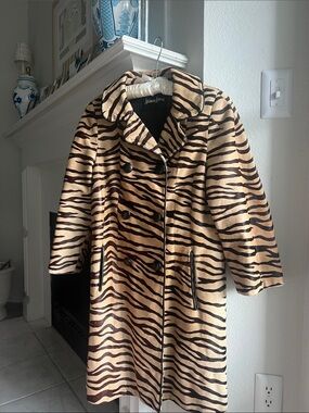 Neiman Marcus Tan & Black Zebra-Print Double-Breasted Pea Coat
